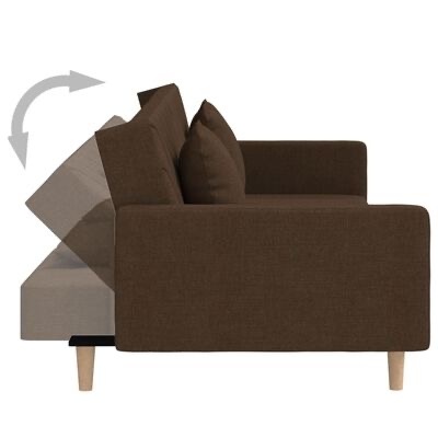 Sofá castanho com almofadas e pés de madeira, vista lateral mostrando mecanismo reclinável