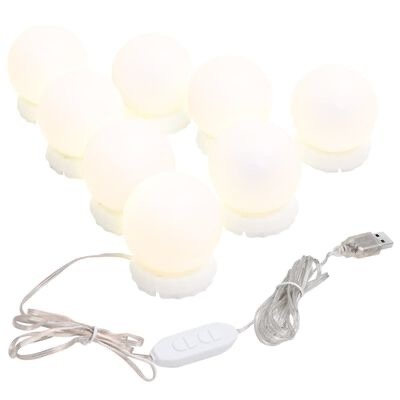 Conjunto de oito lâmpadas LED redondas brancas com base e cabo USB com interruptor