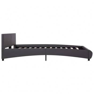 Cama de solteiro cinzenta escura com cabeceira almofadada e ripas de madeira