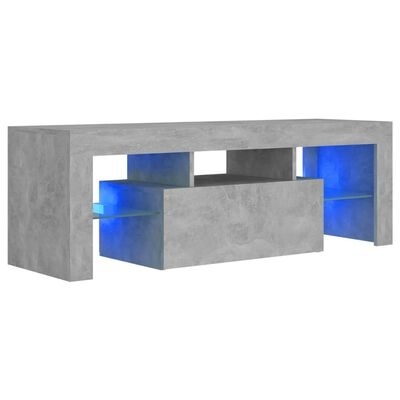 Mesa de centro cinza cimento com iluminação LED azul e prateleiras de vidro