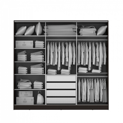 Guarda-roupa preto moderno com camisas brancas penduradas, roupas dobradas, gavetas brancas e almofadas.