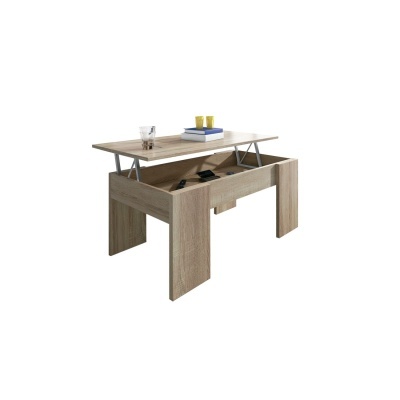 Mesa de centro elevatória em madeira clara com tampo levantado