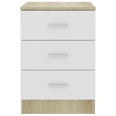 Cômoda branca com três gavetas e tampo em madeira clara
