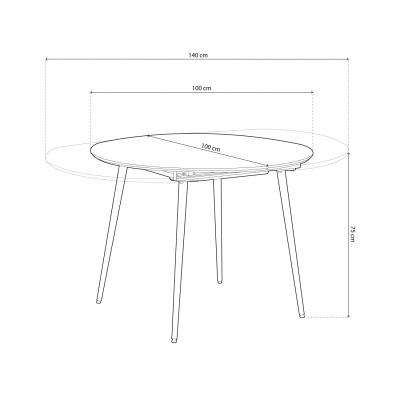 Desenho técnico de mesa redonda extensível com dimensões e quatro pernas