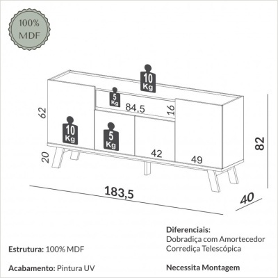 Desenho técnico de móvel de madeira branca com dimensões e capacidade de peso