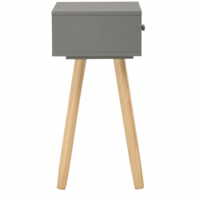 Mesa de cabeceira cinzenta com pernas de madeira