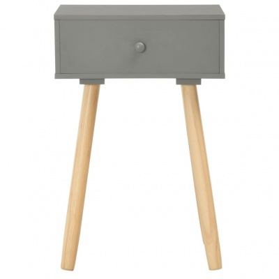 Mesa de cabeceira cinzenta com gaveta e pernas de madeira clara