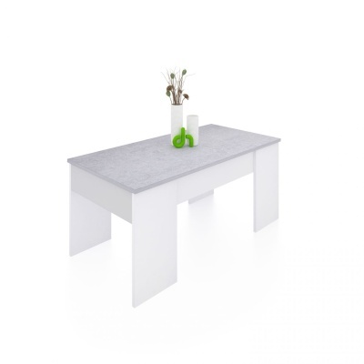 Mesa retangular cinza com estrutura branca e decoração em cima