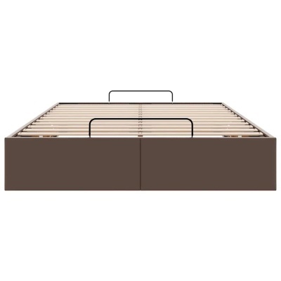 Estrado de cama em madeira e tecido castanho com suportes metálicos pretos