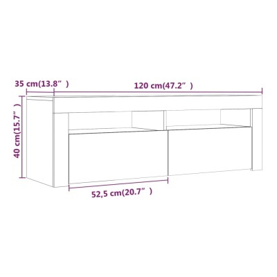 Desenho técnico de móvel com medidas em centímetros e polegadas