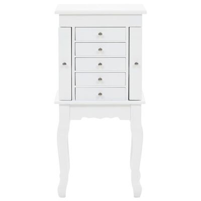 Armário branco em madeira com gavetas e portas, em pé sobre quatro pernas torneadas