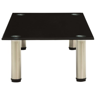 Mesa quadrada com tampo preto em vidro e pernas metálicas prateadas