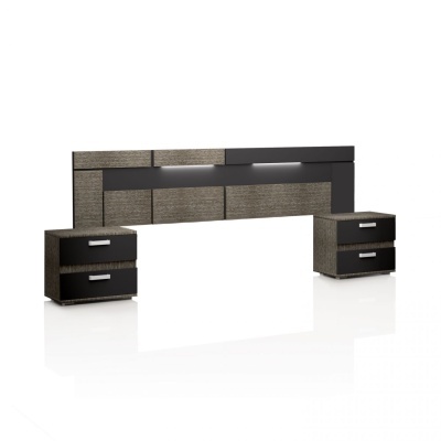 Conjunto de móveis para quarto cinza e preto com mesas de cabeceira e painel central