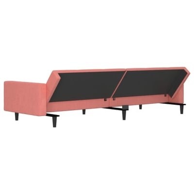 Sofá cama cor de rosa aberto com estrutura e pernas pretas