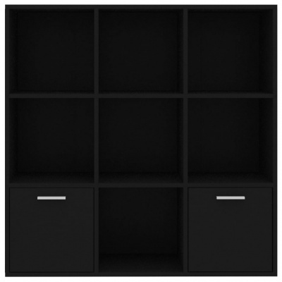 Estante preta com nove compartimentos e duas portas na parte inferior