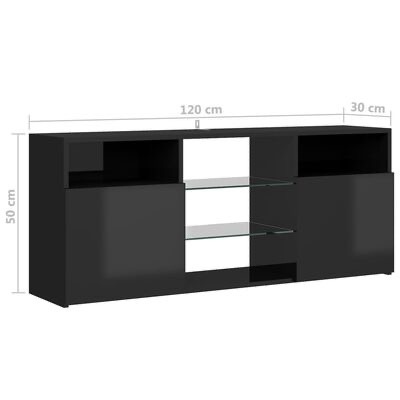 Móvel para televisão preto com duas portas e prateleiras de vidro