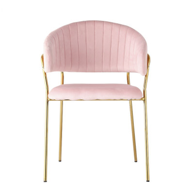 Cadeira rosa clara com pernas douradas e encosto acolchoado