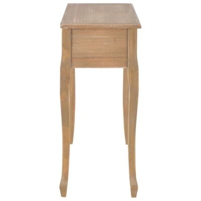 Pequena mesa de madeira clara vista de lado com pernas finas e curvas
