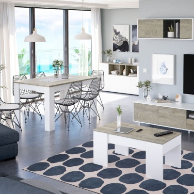 Sala moderna com móveis brancos, detalhes em madeira clara e vista para o mar.