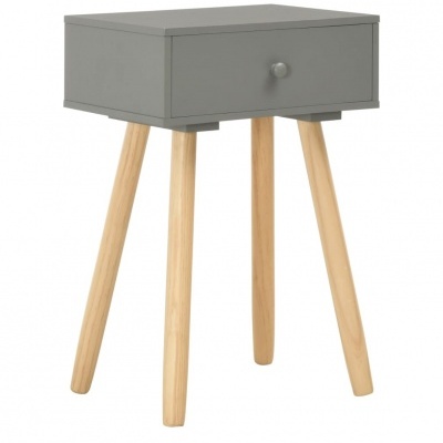 Mesa de cabeceira cinza com gaveta e pernas de madeira clara