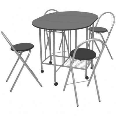 Conjunto de mesa oval dobrável com quatro cadeiras dobráveis cinza