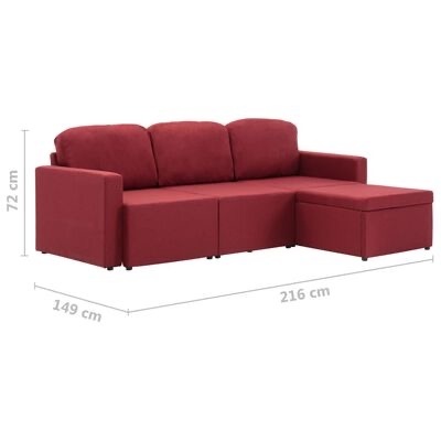 Sofá de canto vermelho com chaise longue e três almofadas nas costas