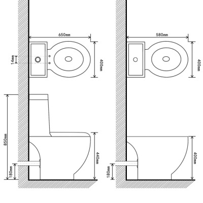 Desenho técnico de sanita branca com medidas em mm de diferentes vistas.
