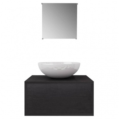 Espelho quadrado simples, pia redonda branca e móvel base preto com textura de madeira