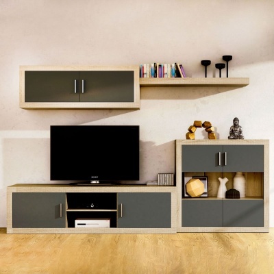 Conjunto de móveis para sala de estar em madeira clara com portas cinzentas