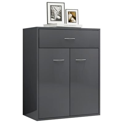 Móvel aparador cinzento escuro com gaveta e portas, puxadores metálicos, decorado com molduras e livro