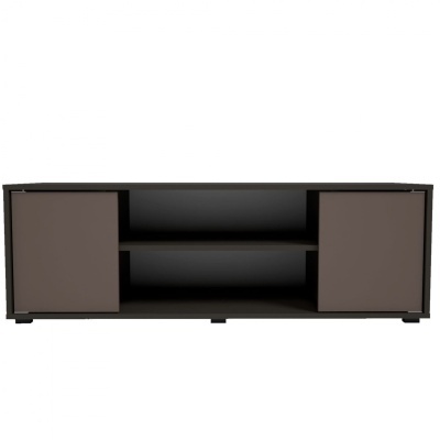 Móvel de TV retangular preto com portas cinzentas e compartimentos abertos