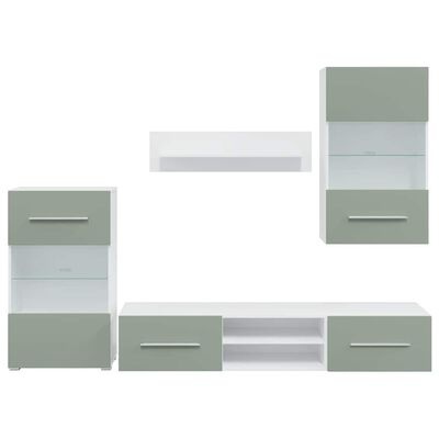 Conjunto de móveis para sala branco e verde-acinzentado com gavetas e prateleiras