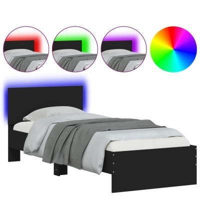 Cama individual preta com iluminação LED colorida e roupa de cama cinza