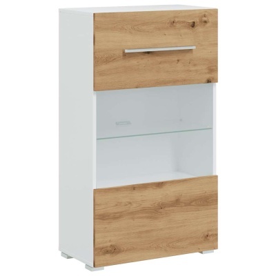 Móvel de arrumação branco com portas de madeira clara e prateleira de vidro