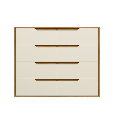 Cômoda de madeira castanho claro com gavetas brancas e puxadores embutidos