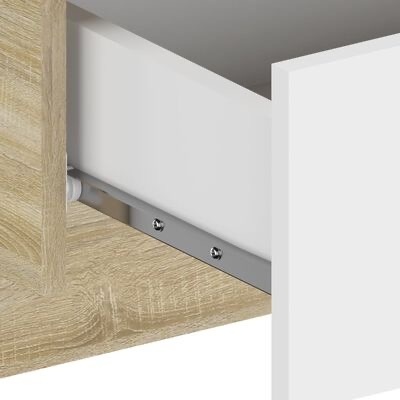 Gaveta branca em móvel de madeira clara com carril metálico cinza