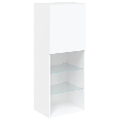 Móvel alto branco com porta superior e prateleiras de vidro inferior