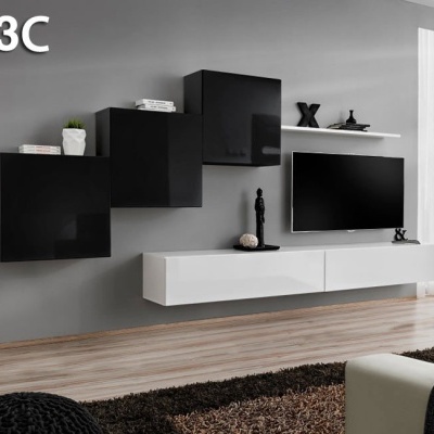 Conjunto de móveis de sala com armários negros, prateleira branca e televisão