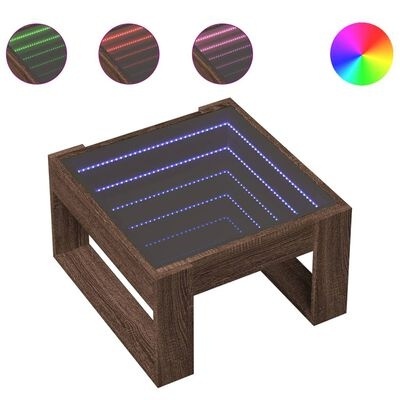 Mesa de centro quadrada em madeira escura com tampo de vidro e luzes LED coloridas
