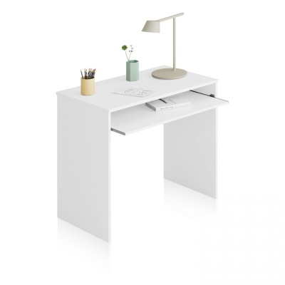 Secretária branca de escritório com lâmpada, vaso e porta-lápis