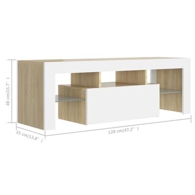 Móvel de apoio TV madeira clara, estrutura branca, prateleiras vidro, 120x40x35 cm