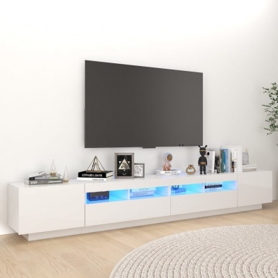 Móvel TV branco minimalista com iluminação azul e TV montada na parede