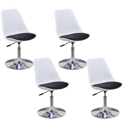 Conjunto de quatro cadeiras modernas brancas com assento preto e base metálica cromada