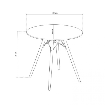 Desenho técnico de mesa redonda em madeira com dimensões 80 cm de diâmetro e 75 cm de altura