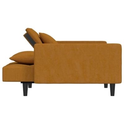 Sofá terra com pernas pretas e almofadas, visto de perfil