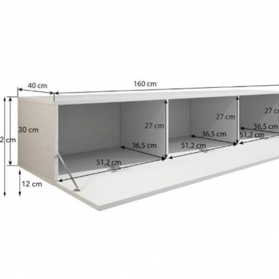 Móvel de parede em madeira clara com três compartimentos e porta inferior aberta com medidas.