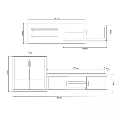 Desenho técnico de móvel de sala com várias portas e prateleiras, com medidas em centímetros.