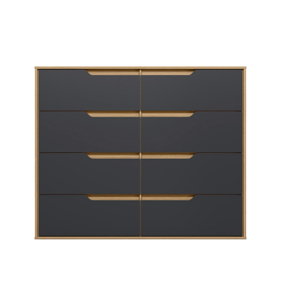 Cómoda de madeira clara com oito gavetas cinza escuro e puxadores embutidos