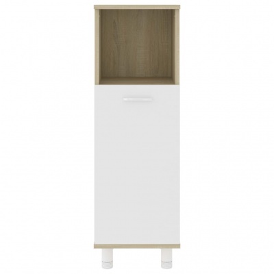 Móvel para casa de banho de madeira clara com porta branca e prateleira aberta