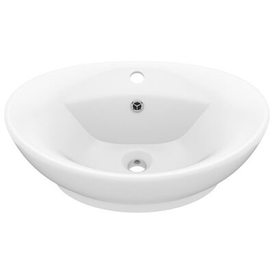 Lavatório cerâmico branco oval com orifício de torneira e ralo.
